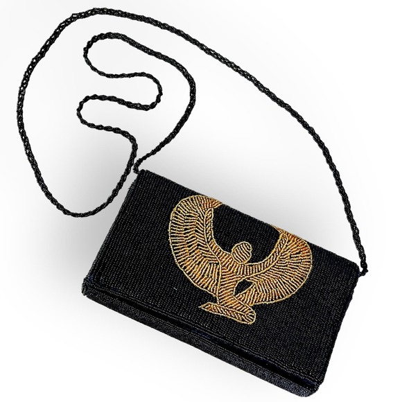 Montage Handbags - Vintage Montage Black Gold Beaded Clutch Evening Bag with Strap Bird Eagle